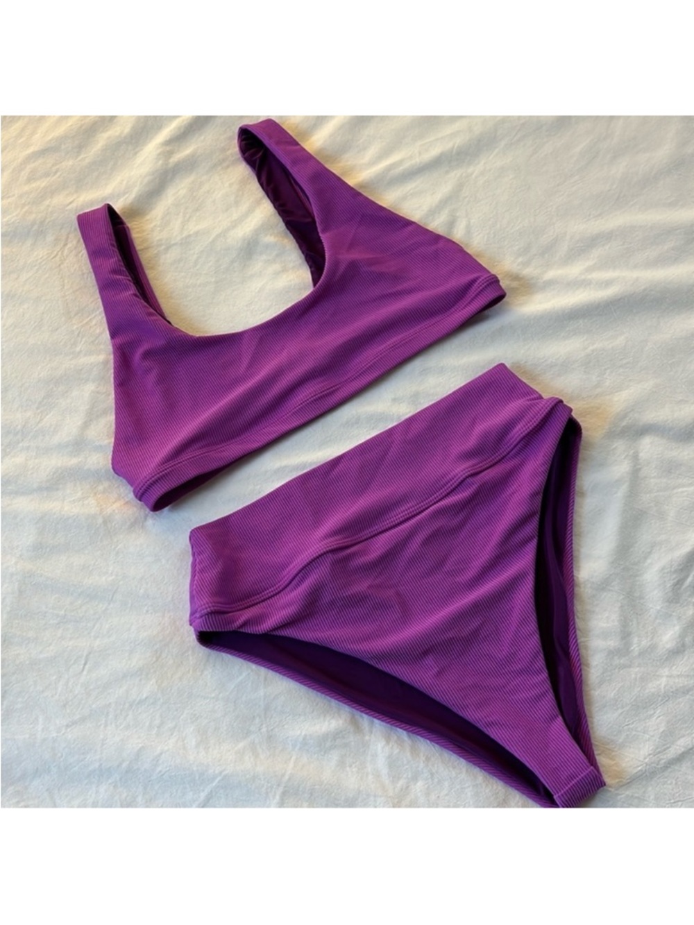 Beach Riot - purple Ribbed High-Waist Bikini Set - Women Swim Large